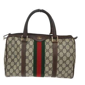 GUCCI Logo Sherry GG pattem Hand Bag PVC Leather Brown GHW 35CA430